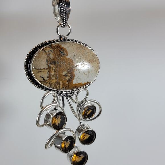 Picture Jasper Pendant – With Smoky Quartz Accent + 20" Silver Snake Chain - Picture 8 of 10